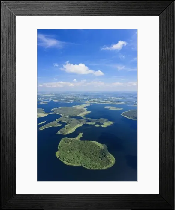 Framed Print : Braslaw lakes aerial vertical panorama. Beautiful aerial nature photograph. Huge lake with islands in summer