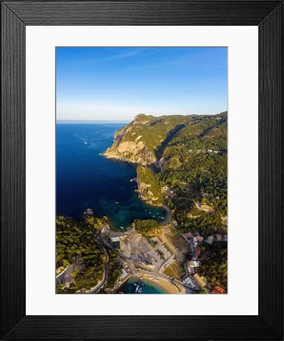 Framed Print : Aerial landscape of Corfu island in Greece. Greek nature from a drone. A view on a beach in Paleokastritsa Framed Print : Aerial landscape of Corfu island in Greece. Greek nature from a drone. A view on a beach in Paleokastritsa