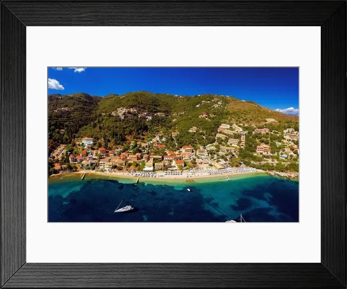 Framed Print : Mediterranean greek resort from a drone. Kalami beach on Corfu island. Vacation in Greece Framed Print : Mediterranean greek resort from a drone. Kalami beach on Corfu island. Vacation in Greece
