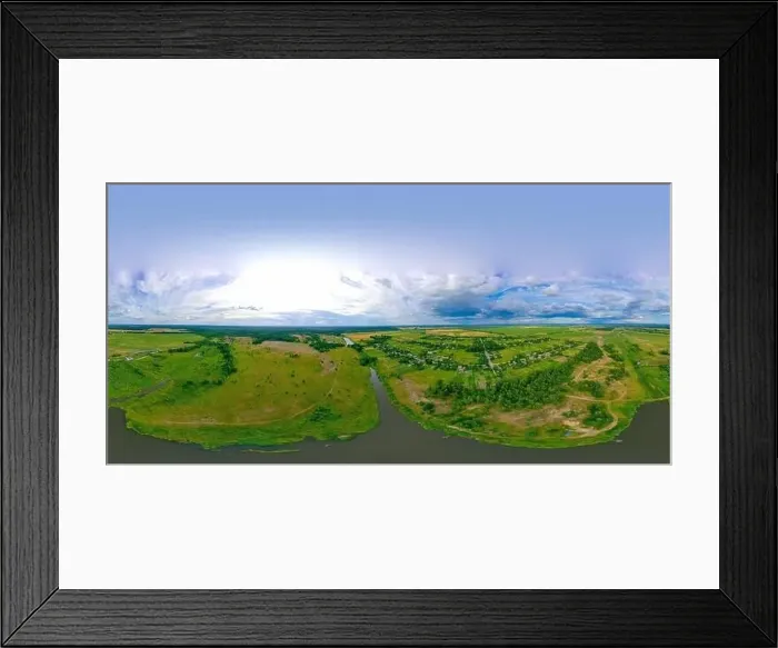 Framed Print : 360-degree aerial view from a drone of a large river and green meadows Framed Print : 360-degree aerial view from a drone of a large river and green meadows