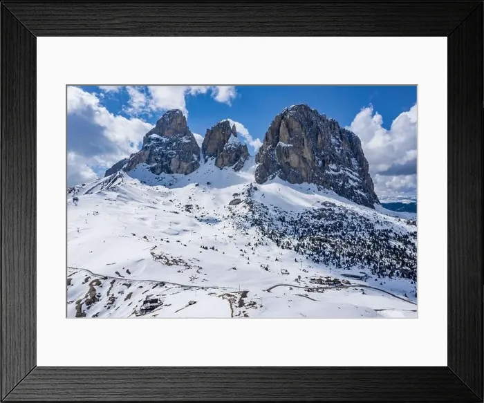 Framed Print : Aerial view of the Dolomites snow-covered mountains in Italy at sunny day