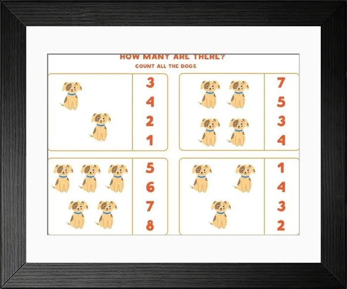 Framed Print : Counting game for kids. Count all cute dogs. Worksheet for children Framed Print : Counting game for kids. Count all cute dogs. Worksheet for children