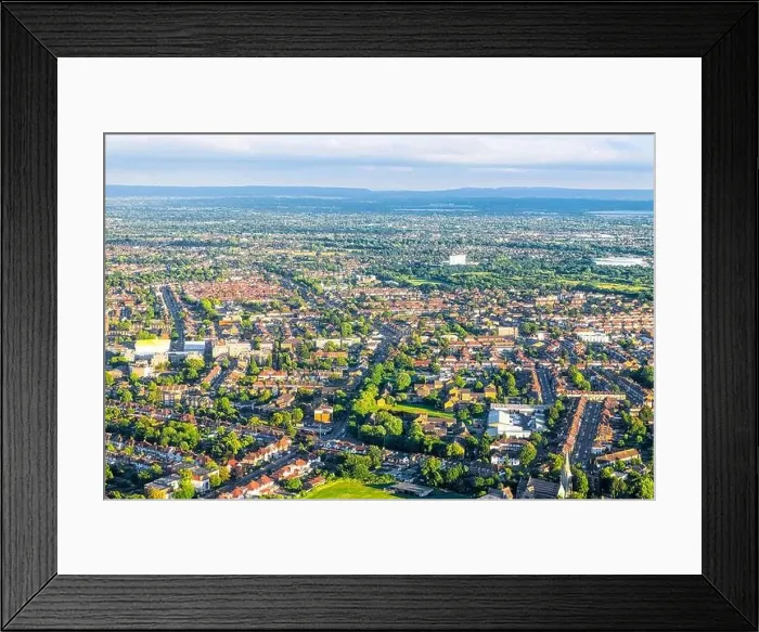 Framed Print : Aerial high angle above view from airplane over city suburbs of London in United Kingdom with Twickenham neighborhood Framed Print : Aerial high angle above view from airplane over city suburbs of London in United Kingdom with Twickenham neighborhood