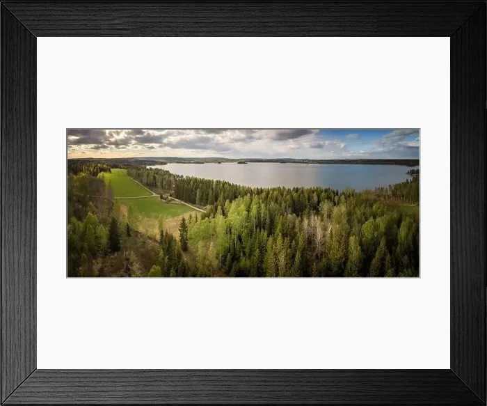 Framed Print : Panorama of a landscape in cloudy weather a lake in sweden Framed Print : Panorama of a landscape in cloudy weather a lake in sweden