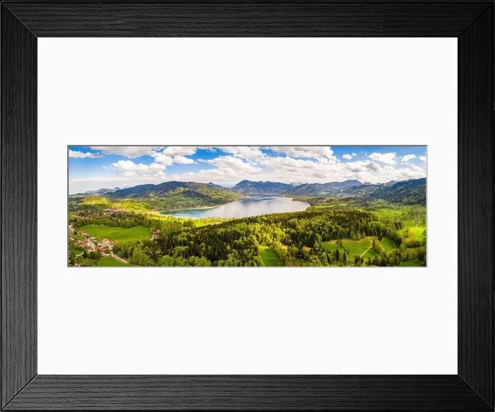 Framed Print : Lake Tegernsee in the Bavarian Alps. Aerial Drone Panorama Shot. Spring