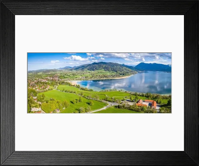 Framed Print : Lake Tegernsee in the Bavarian Alps. Aerial Drone Panorama Shot. Spring