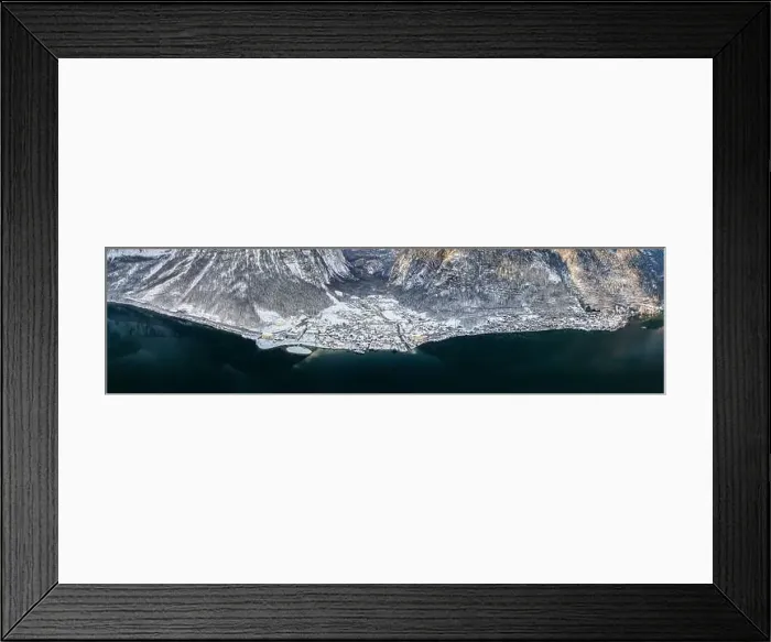 Framed Print : Aerial panoramic drone shot of snowy Lahn and Hallstatt village by lake in Austria during winter time with a bit of sun Framed Print : Aerial panoramic drone shot of snowy Lahn and Hallstatt village by lake in Austria during winter time with a bit of sun