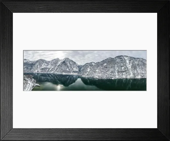 Framed Print : Aerial panoramic drone shot of Hallstatt village by lake surroun Framed Print : Aerial panoramic drone shot of Hallstatt village by lake surroun