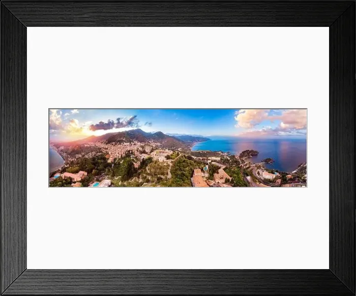 Framed Print : Taormina, Sicily Italy panoramic drone photo sunset, volcano Etna in clouds. Aerial top view Framed Print : Taormina, Sicily Italy panoramic drone photo sunset, volcano Etna in clouds. Aerial top view