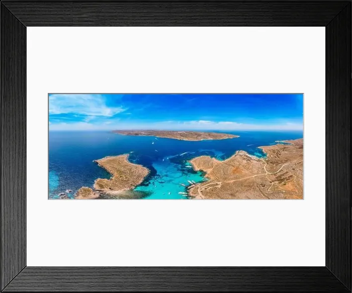 Framed Print : Panorama of Blue Lagoon Comino Malta. Cote Azur, turquoise clear water with white sand. Aerial view Framed Print : Panorama of Blue Lagoon Comino Malta. Cote Azur, turquoise clear water with white sand. Aerial view