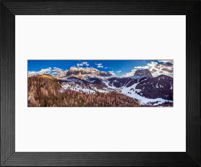 Framed Print : Autumn Dolomites panorama photo, sunset Trentino Alto Adige mountain pass, Italy. Aerial view Framed Print : Autumn Dolomites panorama photo, sunset Trentino Alto Adige mountain pass, Italy. Aerial view