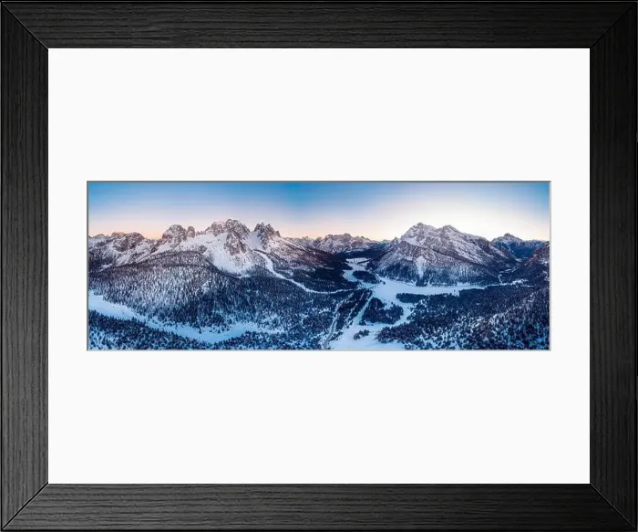 Framed Print : Panorama photo Misurina lake sunset Three Peaks of Lavaredo South Tyrol, Italy. Aerial top view Framed Print : Panorama photo Misurina lake sunset Three Peaks of Lavaredo South Tyrol, Italy. Aerial top view