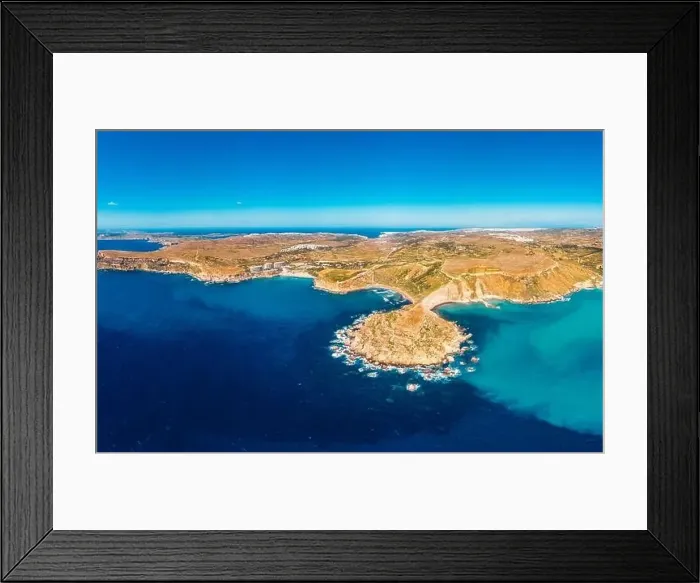 Framed Print : Golden Bay azure beach blue water sea, Malta. Concept travel. Aerial photo Framed Print : Golden Bay azure beach blue water sea, Malta. Concept travel. Aerial photo