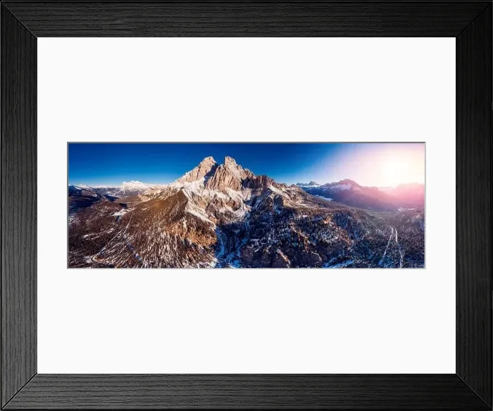 Framed Print : Panoramic photo Sunrise in Dolomites mountains South Tyrol, Italy. Aerial top view
