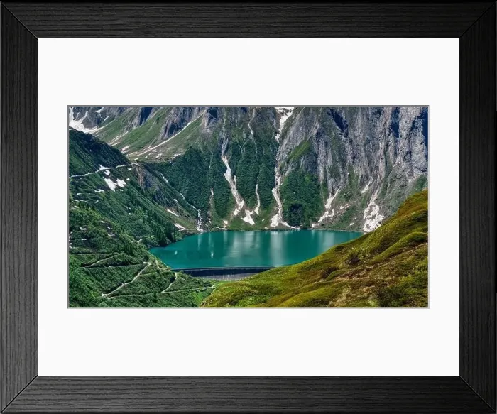Framed Print : Dam and Lake Morasco in the upper Formazza Valley, aerial view on a sunny summer day Framed Print : Dam and Lake Morasco in the upper Formazza Valley, aerial view on a sunny summer day