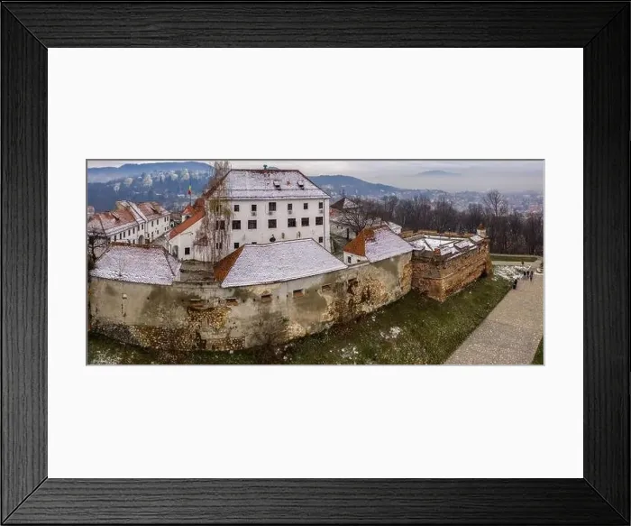 Framed Print : Brasov fortress citadel on Straja hill, Brasov, Romania. Aerial drone panoramic view Framed Print : Brasov fortress citadel on Straja hill, Brasov, Romania. Aerial drone panoramic view