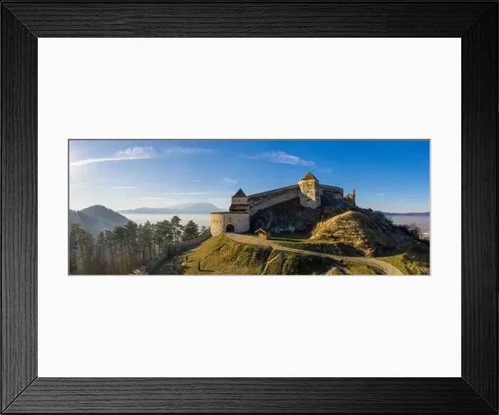 Framed Print : Aerial drone panoramic view of Historical fortress in Risnov or Rasnov. Romania Framed Print : Aerial drone panoramic view of Historical fortress in Risnov or Rasnov. Romania