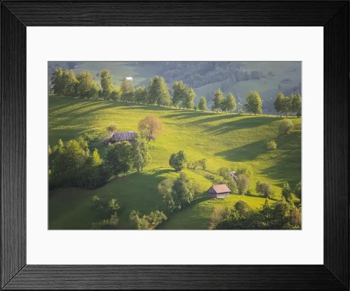 Framed Print : Summer sunrise in the Transylvanian village. Aerial foggy landscape in Transylvania, at sunrise Framed Print : Summer sunrise in the Transylvanian village. Aerial foggy landscape in Transylvania, at sunrise