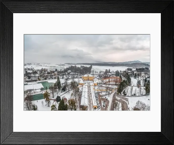 Framed Print : Aerial view of Schloss Hellbrunn covered in snow view of Snow mountain Untersberg near Salzburg outskirts in winter time Framed Print : Aerial view of Schloss Hellbrunn covered in snow view of Snow mountain Untersberg near Salzburg outskirts in winter time