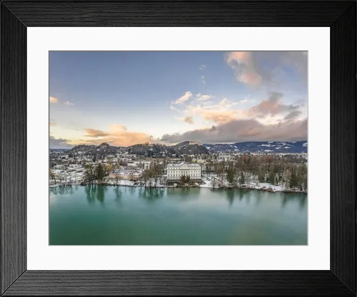 Framed Print : Aerial drone shot view of Leopoldskroner lake southwest of outskirts of Salzburg during winter Framed Print : Aerial drone shot view of Leopoldskroner lake southwest of outskirts of Salzburg during winter