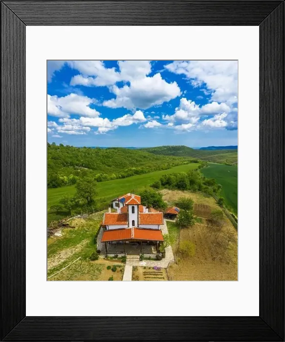 Framed Print : Aerial view of drone to a small chapel in the forest Framed Print : Aerial view of drone to a small chapel in the forest