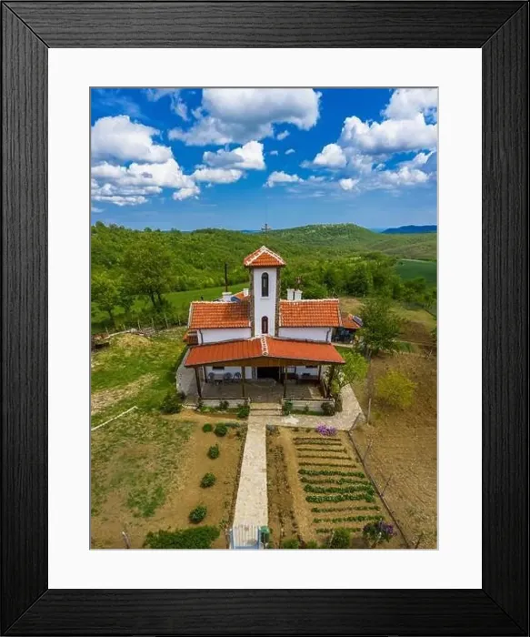 Framed Print : Aerial view of drone to a small chapel in the forest Framed Print : Aerial view of drone to a small chapel in the forest