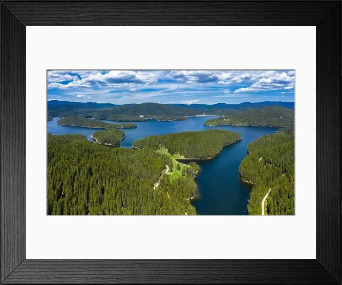 Framed Print : View of drone to the mountain lake. Rodopi mountain Bulgaria Framed Print : View of drone to the mountain lake. Rodopi mountain Bulgaria