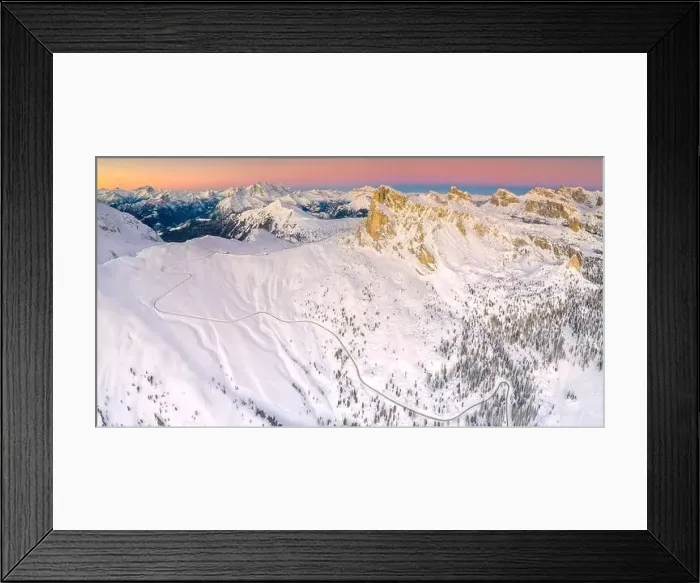 Framed Print : Panoramic view by drone of the snowy Giau Pass Framed Print : Panoramic view by drone of the snowy Giau Pass