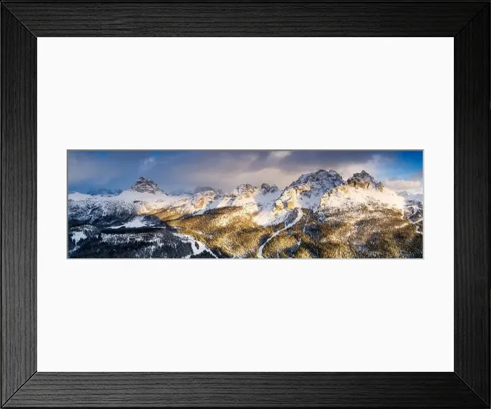 Framed Print : Panoramic by drone of Cadini di Misurina peaks and Tre Cime di Lavaredo at sunset Framed Print : Panoramic by drone of Cadini di Misurina peaks and Tre Cime di Lavaredo at sunset
