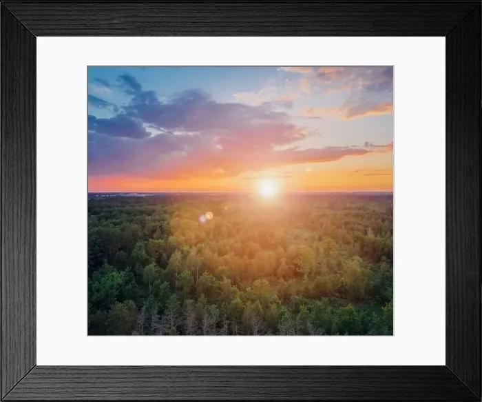 Framed Print : Forest at sunset. The sun shines over the treetops against a beautiful cloudy sky. Aerial view