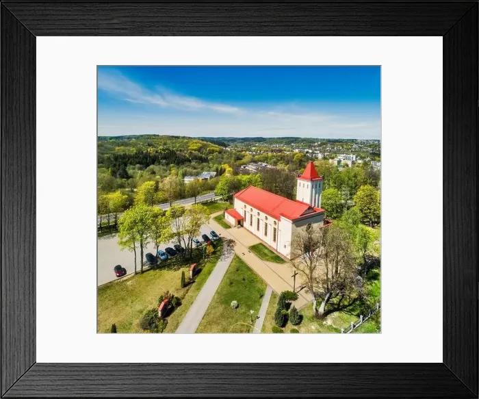 Framed Print : A church in Naujoji Vilnia, Vilnius, Lithuania from the drone perspective