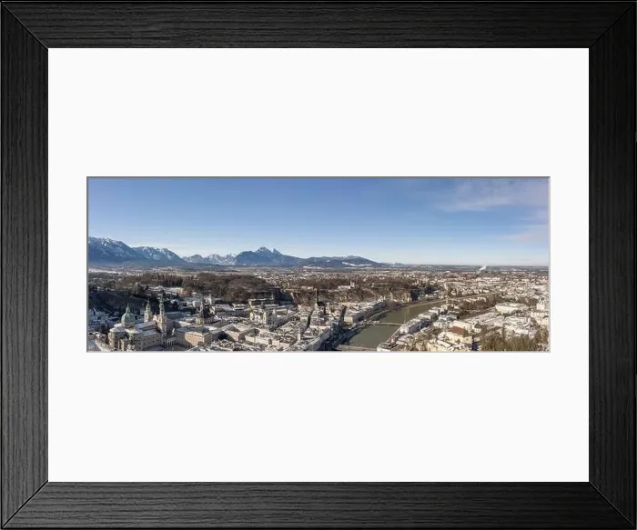 Framed Print : Panoramic aerial drone snowy view of northrn salzburg outskirts in winter morning