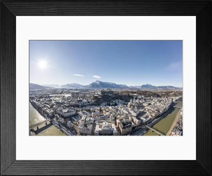 Framed Print : Aerial drone view of snowy Hohensalzburg fortress with view of Unesberg mountain in winter morning
