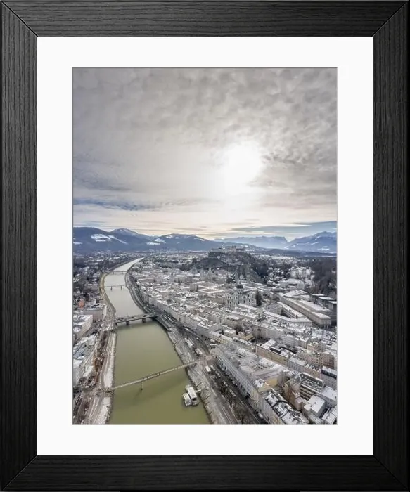 Framed Print : Aerial drone shot view of Salzburg Salzach river and Hohensalzburg fortress Untersberg snow mountain Framed Print : Aerial drone shot view of Salzburg Salzach river and Hohensalzburg fortress Untersberg snow mountain