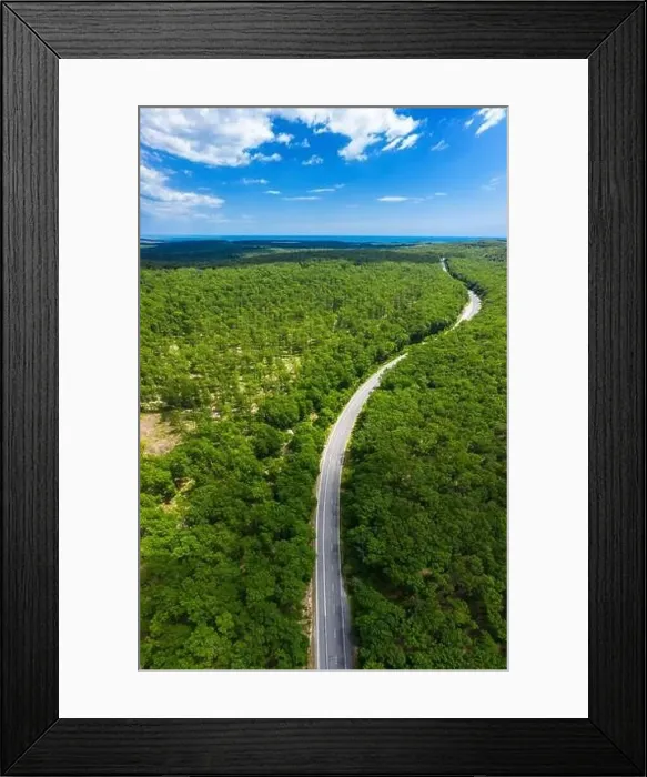 Framed Print : Aerial view of drone to road through green forest Framed Print : Aerial view of drone to road through green forest