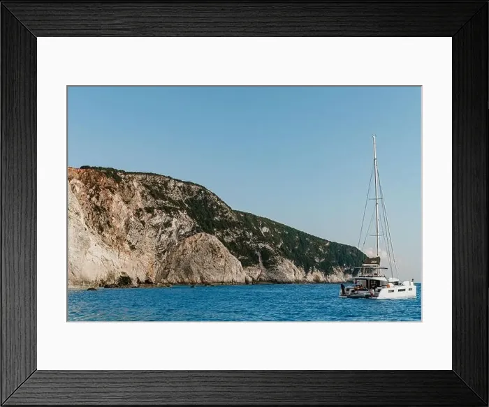 Framed Print : Yacht and Tropic Island. summer mediterranean landscape Framed Print : Yacht and Tropic Island. summer mediterranean landscape