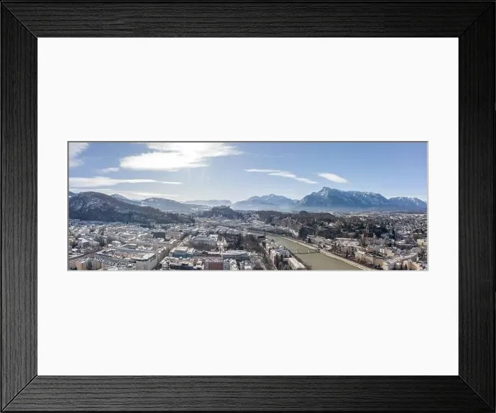 Framed Print : Panoramic aerial drone view of Salzburg snowy old town of Hohensalzburg fortress Unesberg mountain in winter morning Framed Print : Panoramic aerial drone view of Salzburg snowy old town of Hohensalzburg fortress Unesberg mountain in winter morning