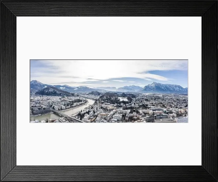 Framed Print : Panoramic aerial drone view of Salzburg snowy old town with Hohensalzburg fortress Unesberg mountain in winter morning Framed Print : Panoramic aerial drone view of Salzburg snowy old town with Hohensalzburg fortress Unesberg mountain in winter morning