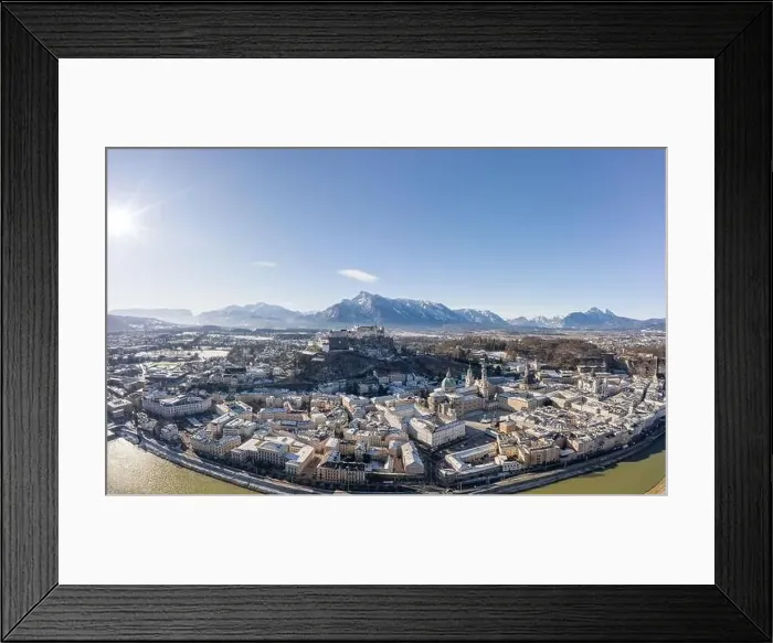 Framed Print : Aerial drone view of snowy Hohensalzburg fortress with view of Unesberg mountain in winter morning Framed Print : Aerial drone view of snowy Hohensalzburg fortress with view of Unesberg mountain in winter morning