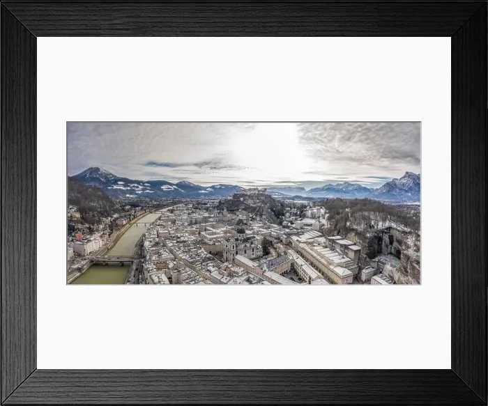 Framed Print : Panoramic aerial drone shot view of snowy salzburg city center with view of Cathdrals and fortress in winter Framed Print : Panoramic aerial drone shot view of snowy salzburg city center with view of Cathdrals and fortress in winter