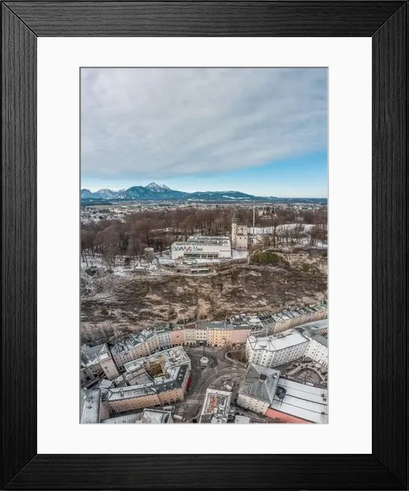 Framed Print : Feb 6, 2020 - Salzburg, Austria: Aerial drone shot of Modern Art Museum on top of Monchsberg Framed Print : Feb 6, 2020 - Salzburg, Austria: Aerial drone shot of Modern Art Museum on top of Monchsberg