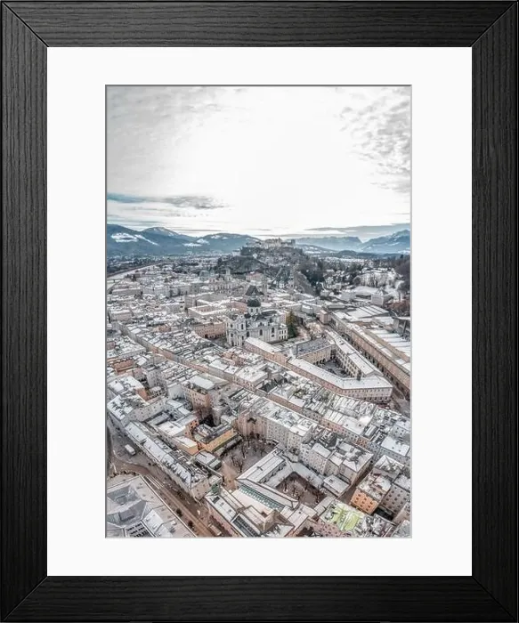Framed Print : Aerial drone shot view of snowy salzburg city center with view of Cathdrals and fortress in winter Framed Print : Aerial drone shot view of snowy salzburg city center with view of Cathdrals and fortress in winter
