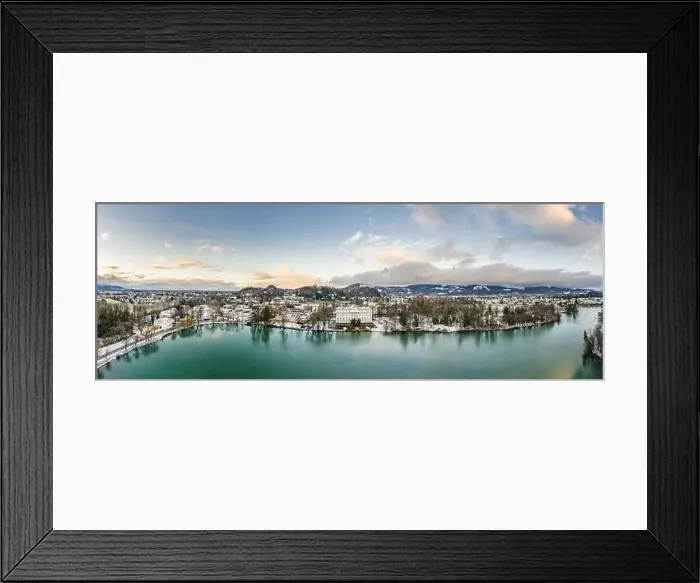 Framed Print : Aerial drone shot view of Leopoldskroner lake southwest of outskirts of Salzburg during winter Framed Print : Aerial drone shot view of Leopoldskroner lake southwest of outskirts of Salzburg during winter