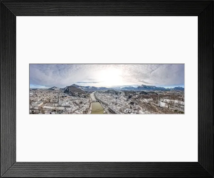 Framed Print : Panoramic aerial drone shot view of snoy Salzburg in winter morning Framed Print : Panoramic aerial drone shot view of snoy Salzburg in winter morning
