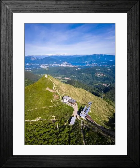 Framed Print : Aerial view from the top of Monte Lema towards Lugano Lake and Ticino district Framed Print : Aerial view from the top of Monte Lema towards Lugano Lake and Ticino district
