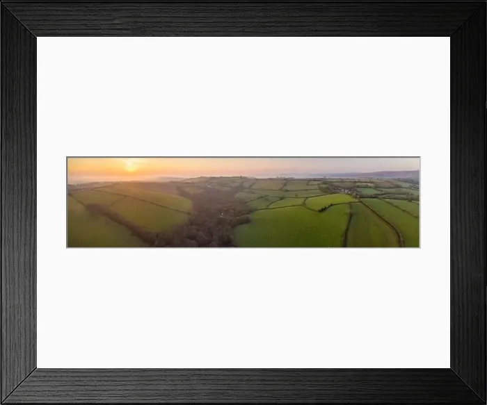 Framed Print : View by drone of early Spring sunrise over the rolling countryside of Devon, England, United Kingdom, Europe