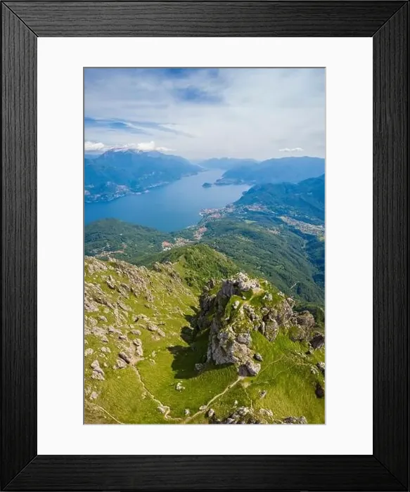 Framed Print : Aerial view of Lake Como and Tremezzina from the top of Mount Grona over Menaggio Framed Print : Aerial view of Lake Como and Tremezzina from the top of Mount Grona over Menaggio