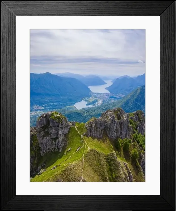Framed Print : Aerial view of Lake Lugano (Lake Ceresio) from the top of Mount Grona over Menaggio Framed Print : Aerial view of Lake Lugano (Lake Ceresio) from the top of Mount Grona over Menaggio
