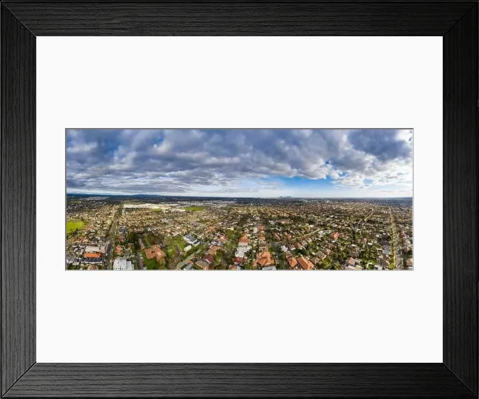 Framed Print : Aerial 180 degree view of the Melbourne suburb of Preston Victoria on a cloudy autumn day Framed Print : Aerial 180 degree view of the Melbourne suburb of Preston Victoria on a cloudy autumn day