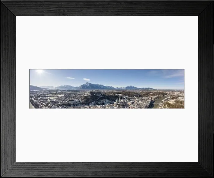 Framed Print : Panoramic aerial drone view of snowy Salzburg old town with river and Unesberg mountain in winter morning Framed Print : Panoramic aerial drone view of snowy Salzburg old town with river and Unesberg mountain in winter morning